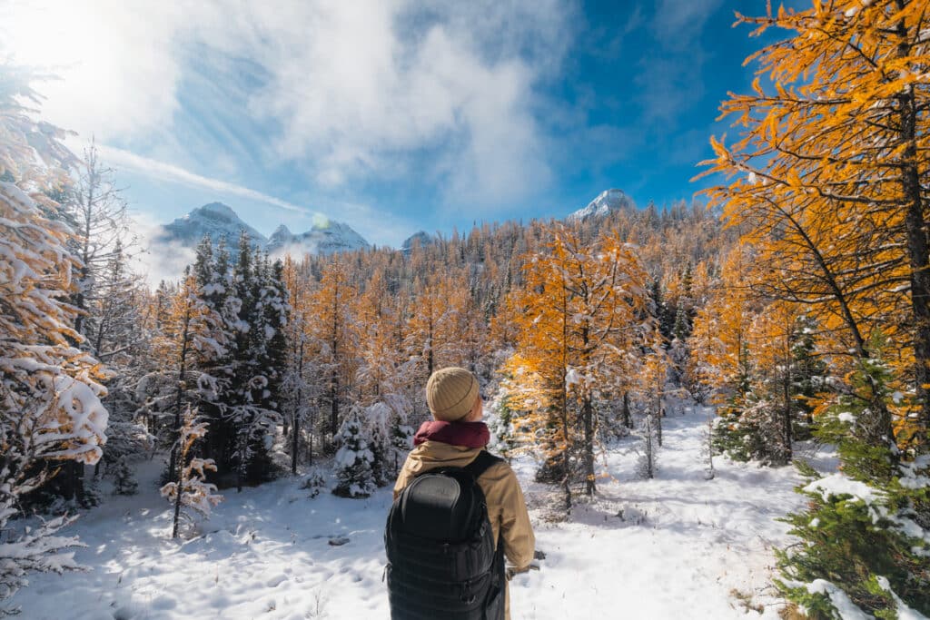 Larch-Valley-hike-hiker-enjoys-view